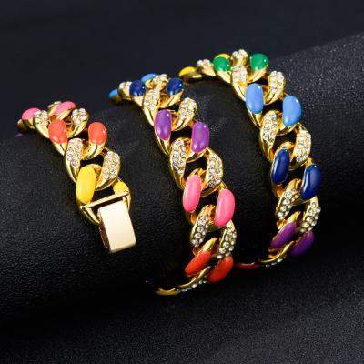 China Multicolor Hiphop Drip Oil Gold Plated Colorful Hip Hop Cuban Jewelry Miami Chain Bracelet Necklaces for sale