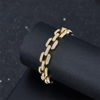 China Hiphop Rainbow Color Link Chain Copper Alloy Crystals Rhinestone 18k Gold Plated Rolo Chain Rectangle Bracelets & Bangles for sale