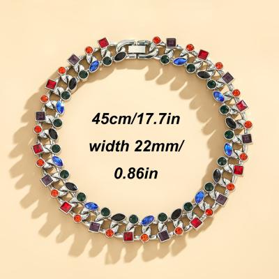 China Stainless Steel Necklace 2021 New Color Hip Hop Necklaces Heavy Link Chain Rhinestone Cuban Chain Boss Colorful Necklace Women for sale