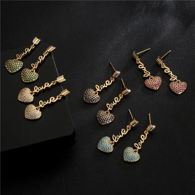 China Hiphop Copper 18k Gold Plated Love Heart Ruby Ruby Turquoise Crystal Pendant Earrings Women Love Gift for sale