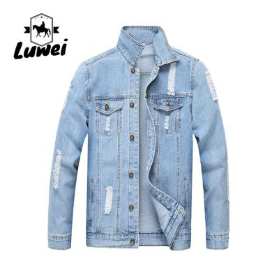 China Fashion Designer Casual Polyester Cotton Utility Lapel Button Slim Fit Mens Outdoor Streetwear Hole Denim Jacket for sale