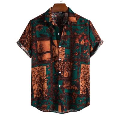 China Floral Loose Casual Beach Shirt Hawaii Vacation Beach Shirt Anti-pilling Cotton Short Sleeve Shirt Men Summer Short Tee Tops Buttons Blouse National Style for sale