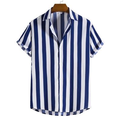 China Anti-pilling Striped Shirts For Men Short Sleeve Shirts Retro Stripe Top Pattern Mens Casual Camisas Man Turn Down Collar Button Print Tee for sale