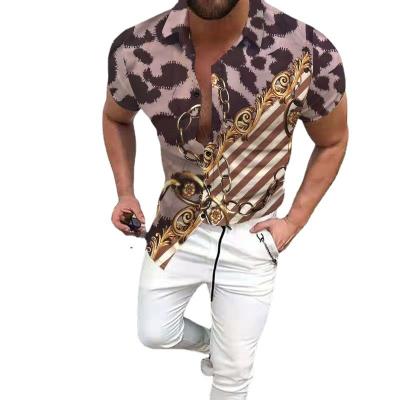 China Fashion Anti-pilling Printed Shirts For Men Short Sleeve Tee Leopard Print Push Up Collar Shirt Hawaii Beach Street Wear Party Casual Top for sale