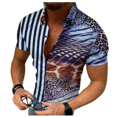 China Leopard Print Shirt Men Fashion Anti-pilling Patchwork Striped Streetwear Shorts Summer Shirts Sheath Button Blouse Brand Man Clothes Tops Tee for sale