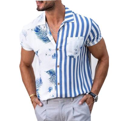 China Anti-pilling NEW Men's Shirts Summer Fashion Trend Striped Floral Contrast Splicing Hawaiian Beach Vacation Printed Casual Short Sleeve Shirts for sale