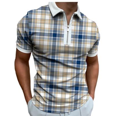 China Anti-Wrinkle Men's Polo Shirts Summer High Quality Business Casual Daily Short Sleeve Striped Shirts Mens Turn-Down Collar Zippers Mens PIQUE for sale