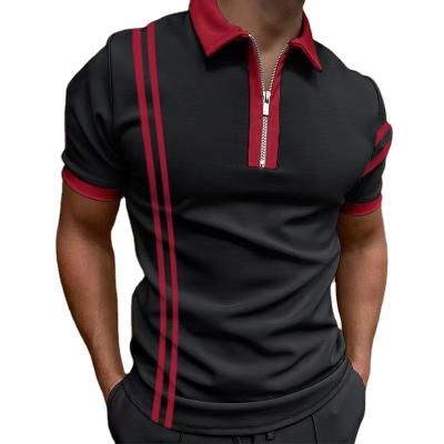 China 2022 New Anti-Wrinkle Men's Summer High Quality Polo Shirts Fashion Casual Short Sleeve Striped Polo Men's Tees Street Turn-Down Collar Zippers for sale