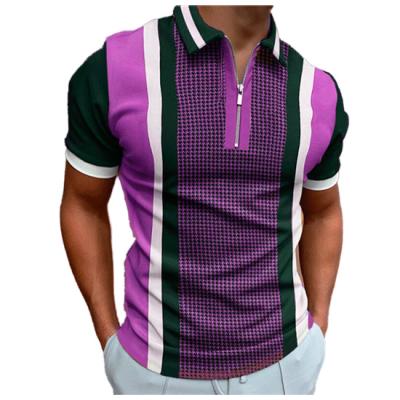 China 2022 Men's Summer Print Sleeve Polo Fashion Lapel Zipper Patchwork Streetwear Anti-wrinkle 2022 Polo Shirts Men's Casual Daily Short Plaid for sale