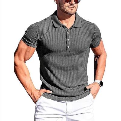 China New Summer Anti-Wrinkle Fitness Polo Men Solid Stripe Elasticity Shorts Jogging Sleeve Polo Shirts Turn Down Collar Mens T-shirts for sale