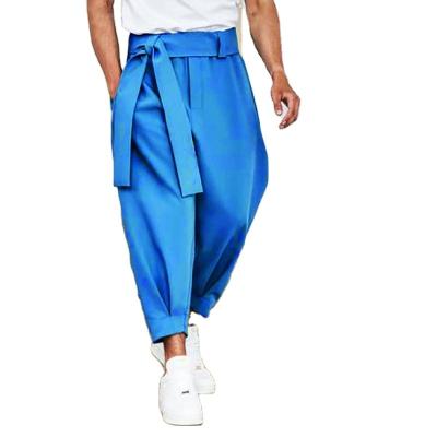 China Casual Leisure Loose Fashion Lace Joggers 2022 Solid Color Mens Trousers Mens Streetwear Pants Breathable With Belt 3XL Blue for sale