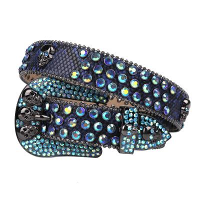 China Gothic Dark Blue Skull Belt 2021 Designer Rhinestone Colorful Rhinestone Skull Belt Studded Snakeskin Leather Belt for sale