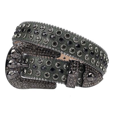 China Western Green Faux Stone Skull Belt Kids Bling Bling Buckle Retro Large Rhinestone Studded Leather Belt Boy&Girl for sale