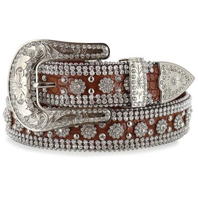 China Bling Bling Western Women's Waist Belt Cowgirl Western Rhinestone Studded Crocodile Print Leather Belt for sale