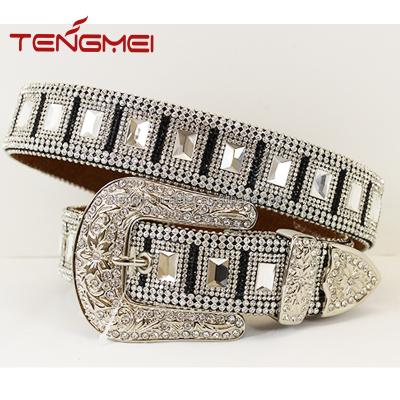 China Cowhide Women Western Style Chain Beaded Rhinestone Clear Concho Belts for sale