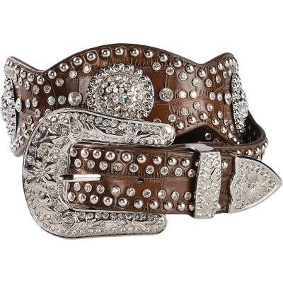 China Cowhide Rhinestone Croc Print Concho Glitter Western Notched Leather Belts for sale