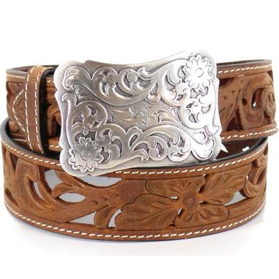 China Cowhide Brown Genuine Leather Belts Floral Emboss Western Women Fashion Belts for sale