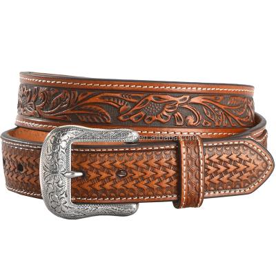 China Cowhide Men's Western Basket Weave Floral Embossed Leather Belts for sale