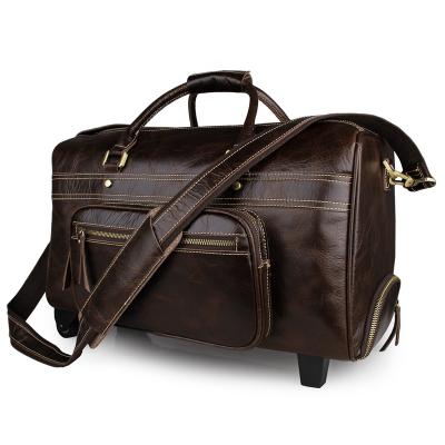 China Genuine Genuine Leather Duffle Bag Brown Travel Bags Mens Trolley Luggage Bags With Wheels for sale