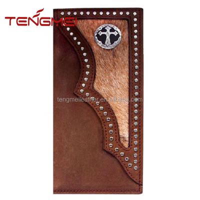 China Keep Your Money From Scratch Dark Brown 3D Cowhide Leather Long Triple Hair-on-Skin Men's Western Rodeo Wallet for sale