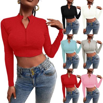 China Wholesale 2021 Autumn Women's Fashion Solid Color Long Sleeve Anti-wrinkle Spring Navel Cotton T-shirt Open Tops Women for sale