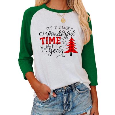 China 2022 new European and American printed women's top QUICK DRY Christmas trees printed round sleeve women's seven neck T-shirt for sale