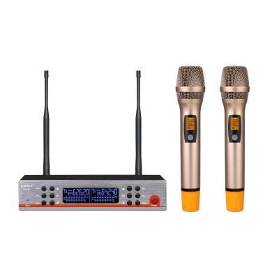 China Professional Dual Channel Party Karaoke Home Karaoke KB3123 Gold MIC Handheld Wireless Microphone With Small Receiver Box for sale