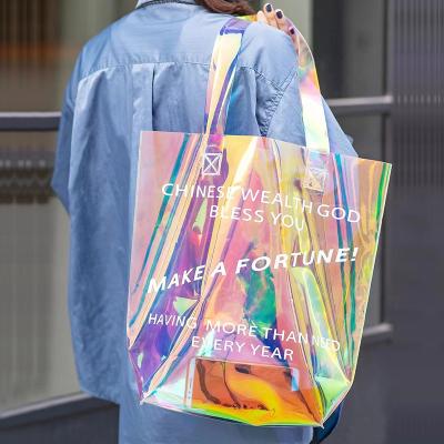 China Customized Shopping Customized Reusable Large Logo Beach Bags PVC Laser Washable Durable Clear Holographic Washable Tote Bag for sale