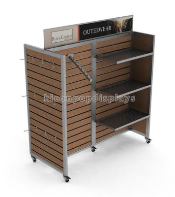 China Kledend Opslagmeubilair 4 Manierkledingstuk die Houten Freestanding Slatwall-Vertoningen hangen Te koop