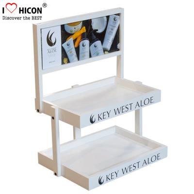 China Wood Cosmetic Display Stand Counter Top Marketing Skin Care Products Display Stand for sale