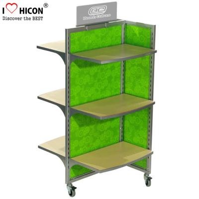 China Movable Floor Standing Retail Store Fixtures 3 - Way Wood Toy Display Shelves for sale