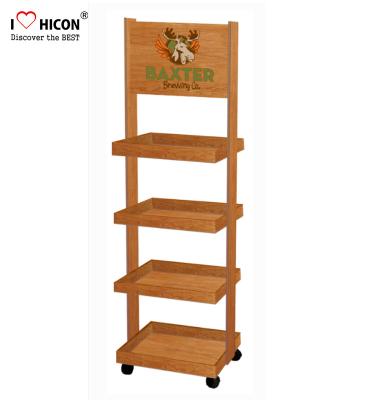 China In Store Marketing Wooden Display Racks On Wheels Custom Display Rack For Beer for sale