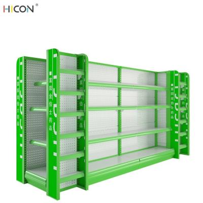 China Modern Floor Green Pegboard Pharmacy Shelving Rack Gondola for sale