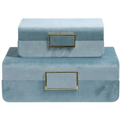 China High End Wholesale Home Gifts and Crafts Blue Leather Textured Decorative Box Luxurious Wooden Jewelry Box for sale