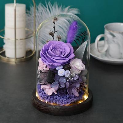 China Events Decoration Roses Glass Covered Gift Box Dried Flower Bouquet Mother Valentine's Day Gift For Girlfriend for sale