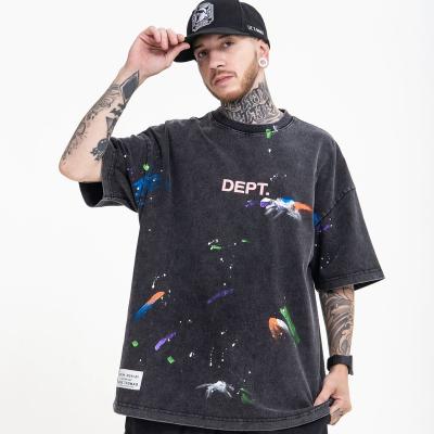 China Vintage manual men's ink splatter breathable clothing polyester wholesale cheap high quality cotton print black t-shirt for sale