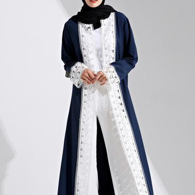 China New Embroidered Polyester Cardigan Open Abaya With Contrast Color Lace Long Robe Abaya Islamic Clothing for sale