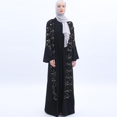 China Fashion New Polyester Black Chiffon Long Abaya Dress Lace Tassels Decoration Abaya For Islamic Dress for sale