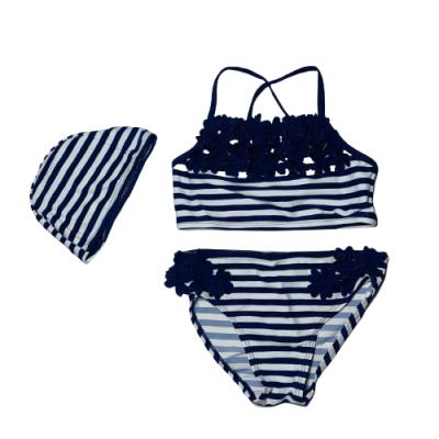 China Girl's Two Piece Swimwear Strappy Breathable Bikini Swimwear For Kid Floral Striped Set Of 3 Printing Halter Swimwear With Hat for sale