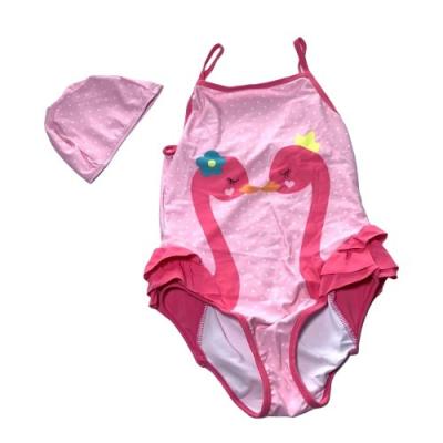 China Flamingo Breathable Girls Halter Beach Sports One-Piece Swimsuit with Hat Pink Swimwear Print for sale