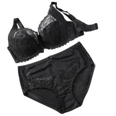 China Custom plus size plus size bras lace up black ladies bra E cup women solid bra and brief sets wholesale 2 pieces underwear for sale