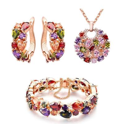 China American Romantic Custom Fashion Set Water Drop Earrings Colorful Three-Piece Set Bracelet Zircon Necklace Bridal Set for sale