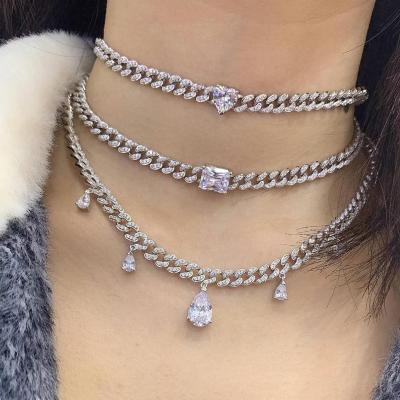 China FASHIONABLE Elegant Cuban Chain CZ Diamonds Zircon Necklace Bracelet Shining Shiny Bling Pendant Women Shape Wedding Jewelry Set for sale