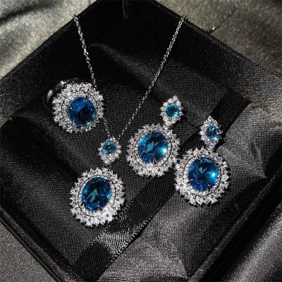 China New Vintage 2021 Multi Colors 925 Silver Plated Crystal Blue Cubic Zircon Pendant Necklace Rings Earrings Bridal Jewelry Sets For Women for sale