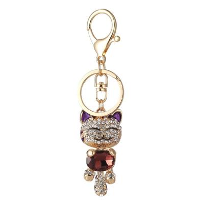 China New Arrival Cute Smile Diamond Lucky Cat Car Handbag Key Chain Metal KC-075 Lovely For Ladies for sale