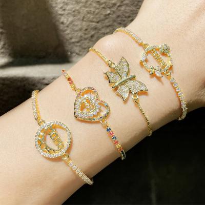 China Festival Luxury 18K Gold Plated Zirconia DiamondJewelry Heart Butterfly MOM Letter Adjustable Tennis Bracelet For Mothers Day Gifts for sale