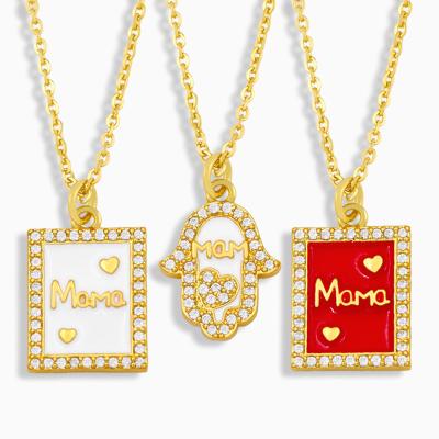 China FASHIONABLE Enamel High End Zircon Rectangle Hand Jewelry Gift Micro Pave Gold MOM Mother Pendant Necklace for sale