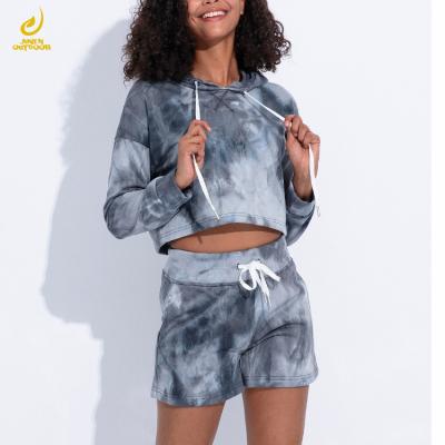 China Breathable Women Tie Dye Gradient Color Leisure Suit Tops Set Long Sleeve Shorts Tie Dye Cropped Hoodie Shorts Set for sale