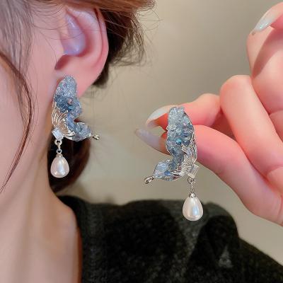 China Punk Korean silver needle inlaid crystal butterfly water drop pearl earrings elegant high-end ear studs fashion earrings for women for sale