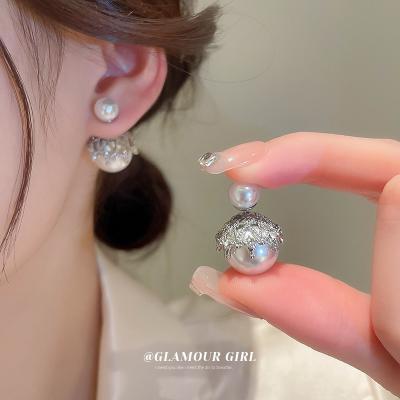 China Vintage Korean silver needle Diamond Pearl double-sided earrings ins elegant earrings fashion design earrings for women for sale